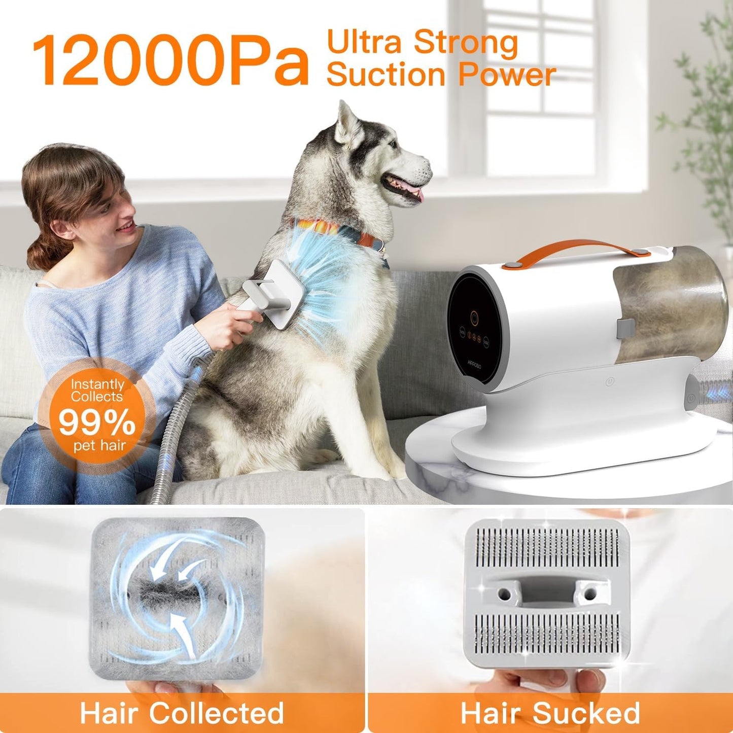 AIRROBO Dog Grooming Vacuum Kit – 12000Pa Suction, 2L, Quiet PG100